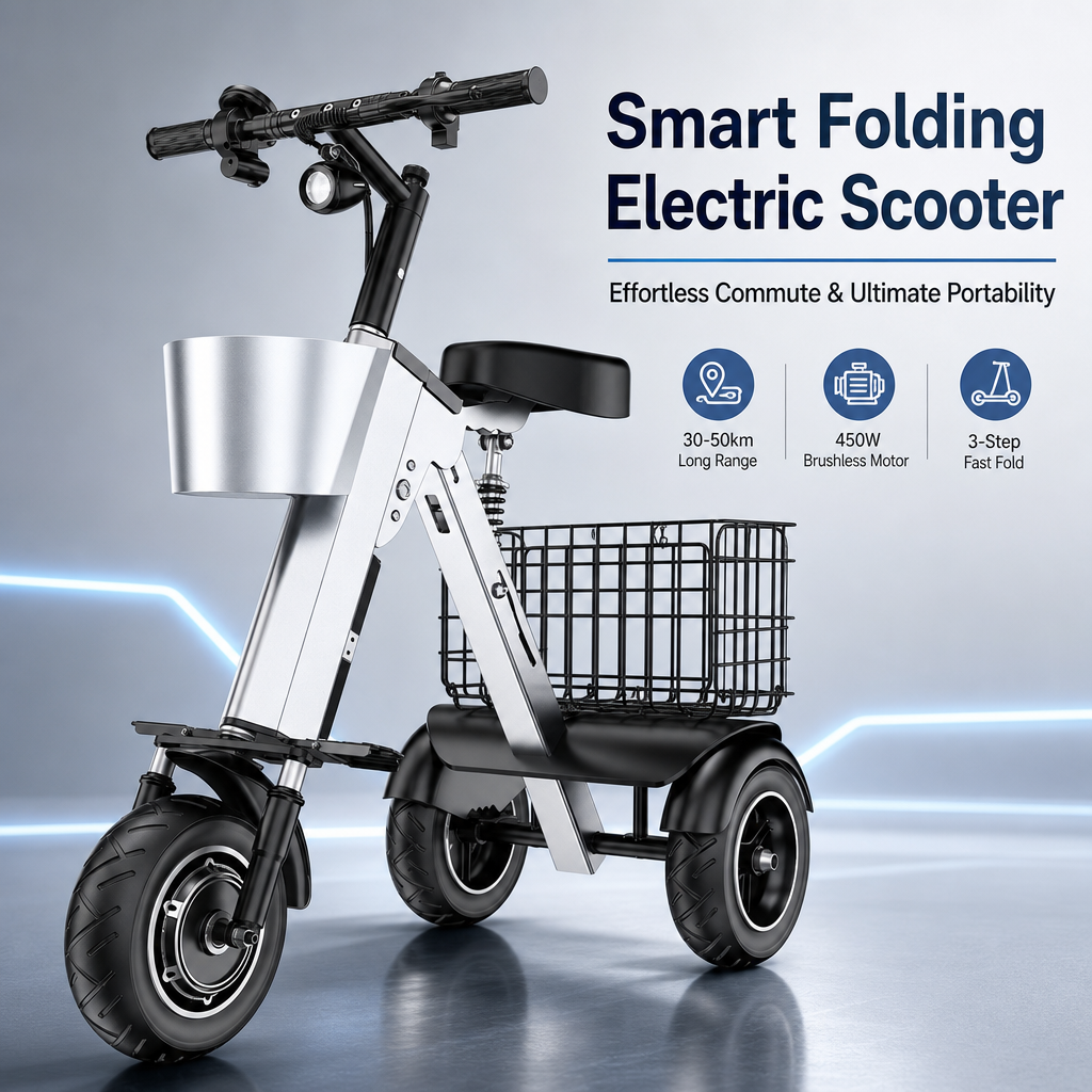 Airline‑Ready 3‑Wheel Folding Electric Scooter, 450W Motor Removable Battery, Portable Foldable E‑Scooter with Storage Basket Shock Absorption for Travel & Daily Errands