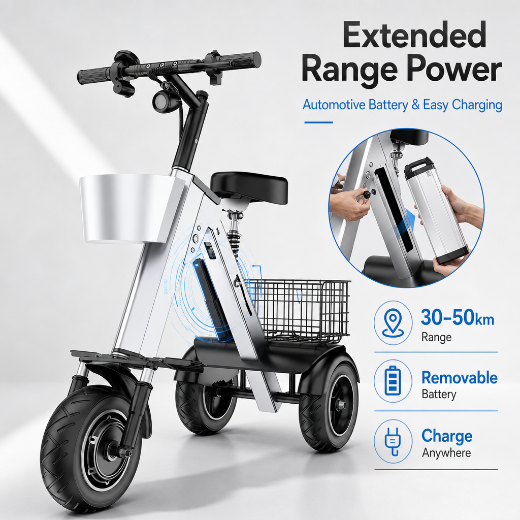 Airline‑Ready 3‑Wheel Folding Electric Scooter, 450W Motor Removable Battery, Portable Foldable E‑Scooter with Storage Basket Shock Absorption for Travel & Daily Errands