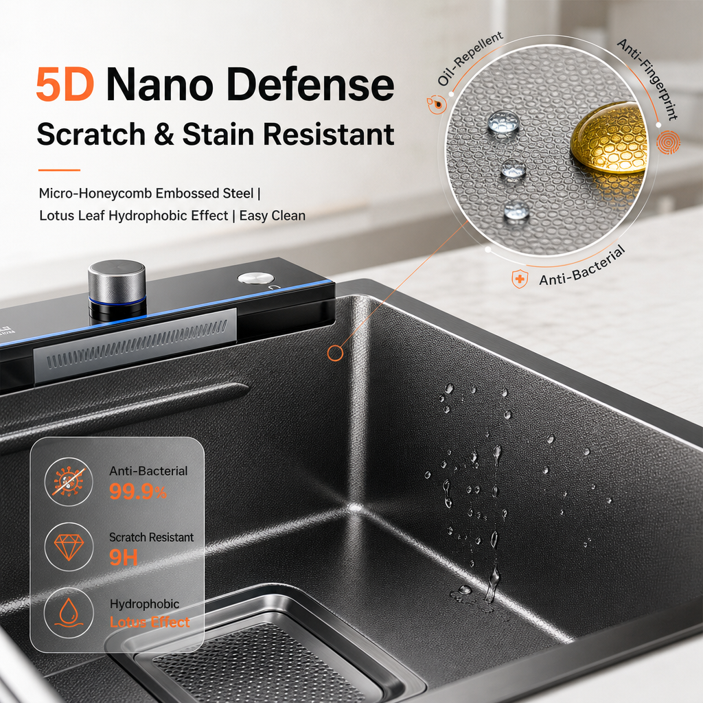 5D Nano Stainless Steel Smart Workstation Kitchen Sink, Waterfall Pull‑Out Faucet with Cup Rinser, Digital Temperature Display All‑in‑One Deep Basin Sink for Modern Kitchen