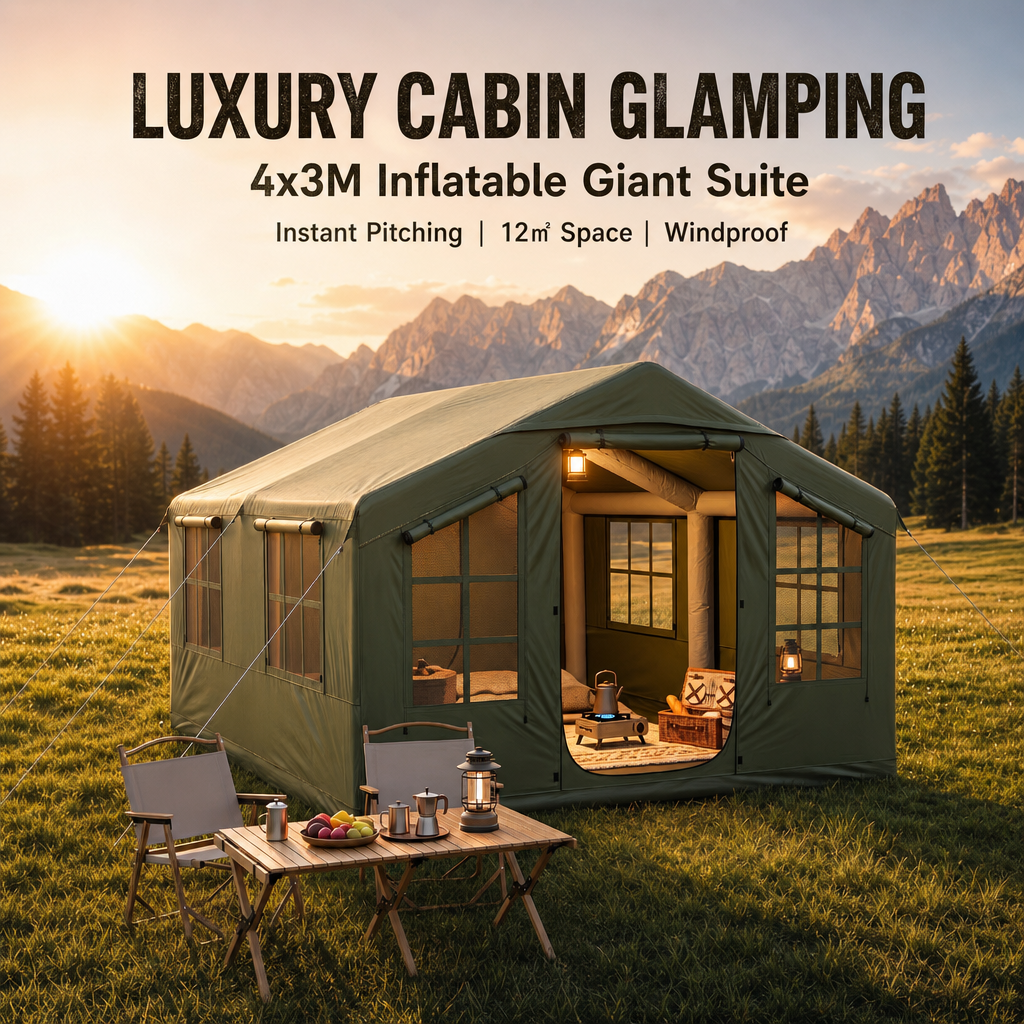 4x3M Luxury Inflatable Glamping Cabin Tent, 5‑8 Person 12㎡ Spacious Air Tent, Waterproof Windproof Instant Setup House Tent for Outdoor Camping Group Gathering