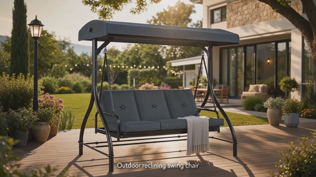 3‑Seat Convertible Outdoor Patio Swing Chair, Adjustable Canopy Porch Swing Bed with Waterproof Thick Cushion, Heavy‑Duty Metal Frame for Backyard Garden